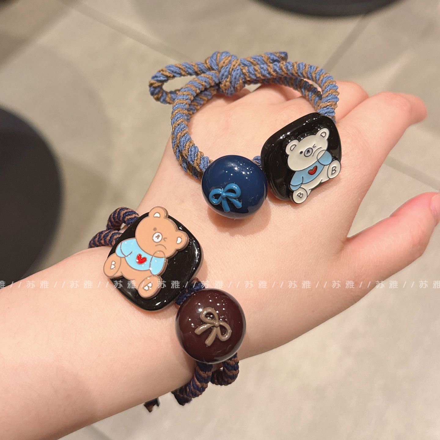 方块小熊球球蝴蝶结撞色打结发绳发圈高弹力耐用头绳扎高马尾皮筋