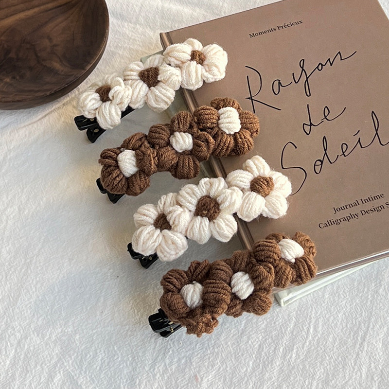 秋冬毛线发卡编织发夹可爱花朵刘海夹前额侧边碎发神器发卡头饰