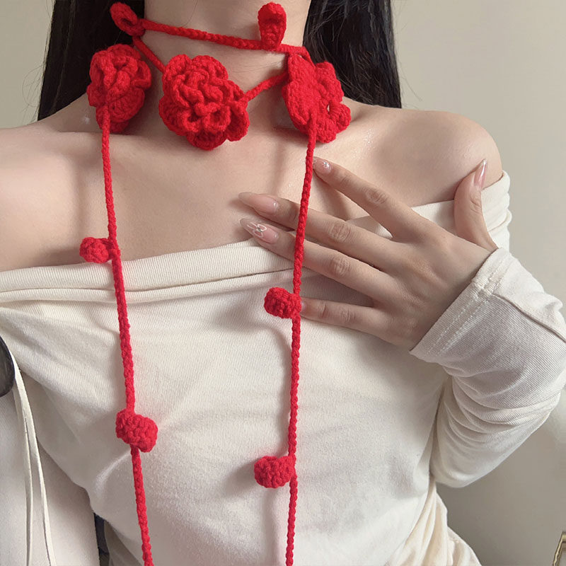 黑色针织玫瑰毛线腰带女流苏百搭花朵腰链潮流时尚显瘦皮带配裙子