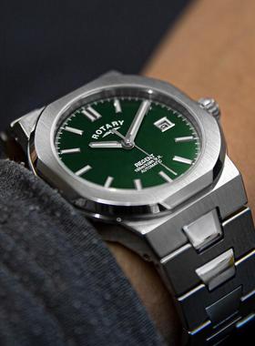 代购rotary劳特莱手表男复古绿色表盘钢带自动机械表夜光防水瑞