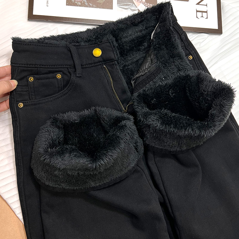 特厚羊羔绒阔腿牛仔裤女加绒加厚冬季2025年新款宽松显瘦直筒裤子