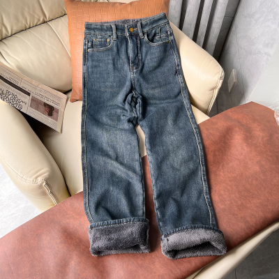 超厚一条过冬加厚绒直筒牛仔裤女