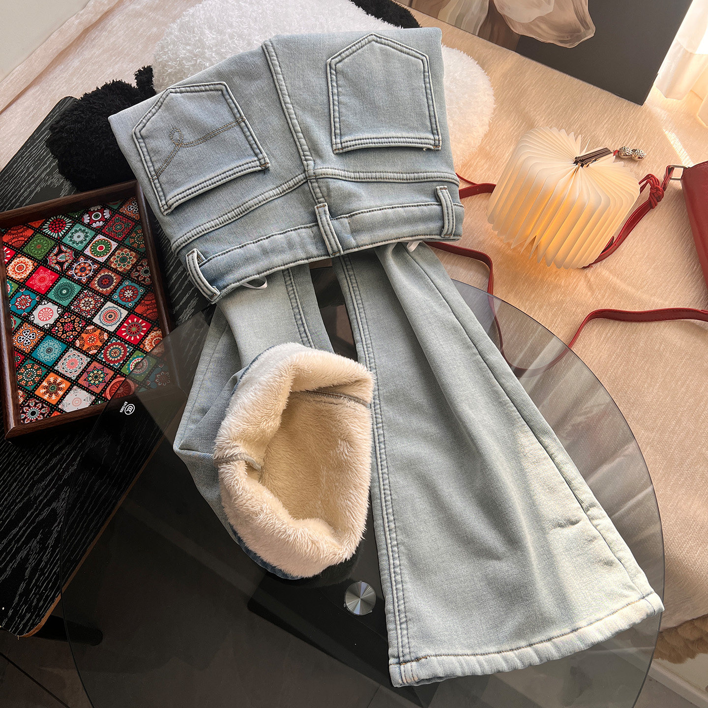 超厚高腰加绒加厚微喇牛仔裤女冬