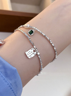 韩版s925纯银碎银几两字母方牌手链女几何拼接竹节手环叠戴手串