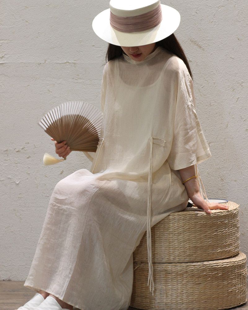 连衣裙苎麻100纯色领口盘扣