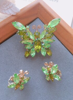 Juliana 绿色莱茵石蝴蝶胸针耳夹套装