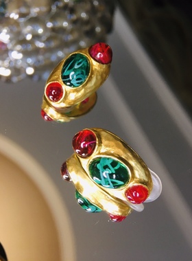 Vintage 云纹琉璃厚金打标耳夹 成色新 质感厚重 品相新