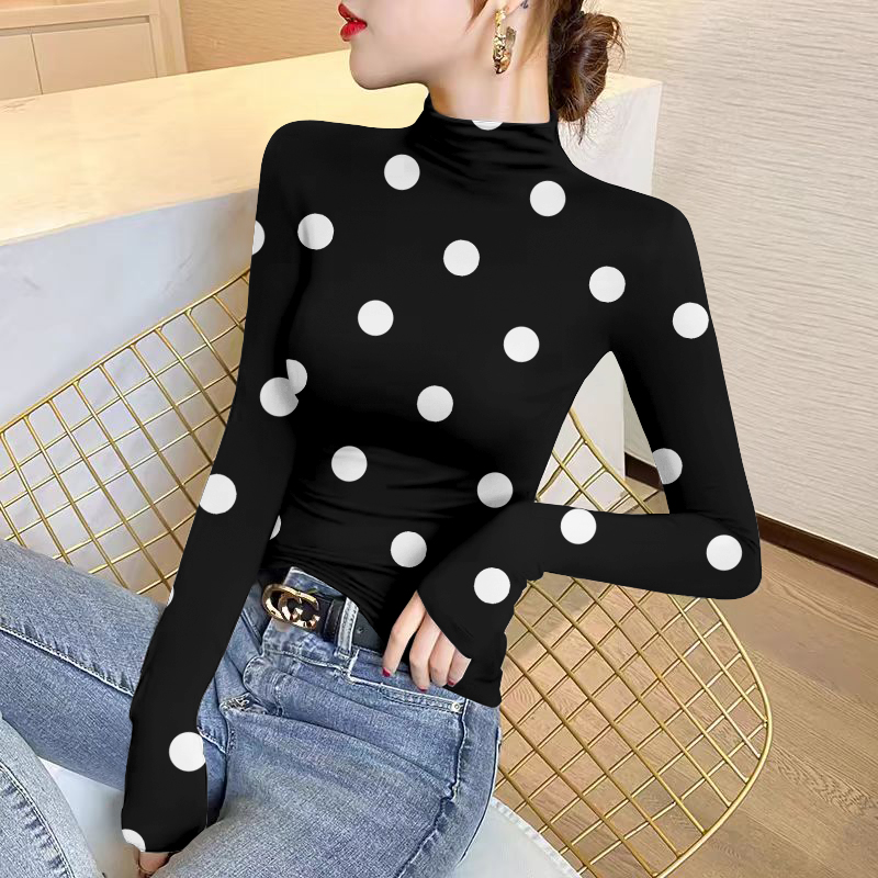 半高领女士长袖t恤波点打底衫