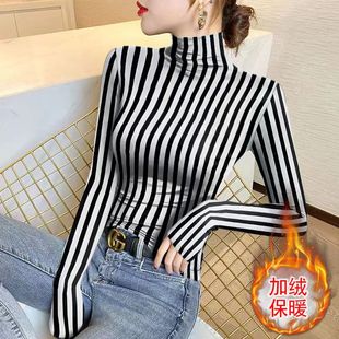 半高领德绒长袖 加绒加厚条纹保暖上衣 t恤女士秋冬修身 内搭打底衫