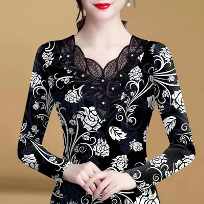 加绒加厚打底衫女士春秋冬洋气德绒保暖小衫修身内搭蕾丝v领上衣