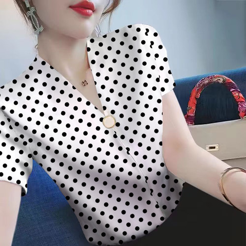 冰丝短袖t恤女v领打底衫波点上衣