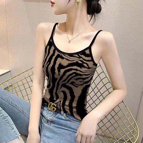 性感美背豹纹冰丝上衣内搭修身吊带背心女夏季新款薄款无袖打底衫