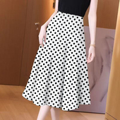 波点半身裙女中长裙春夏季 冰丝a字裙高腰显瘦气质宽松大摆裙 新款