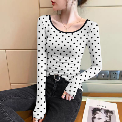德绒保暖打底衫女内搭修身低领长袖t恤秋冬新款加绒加厚波点上衣