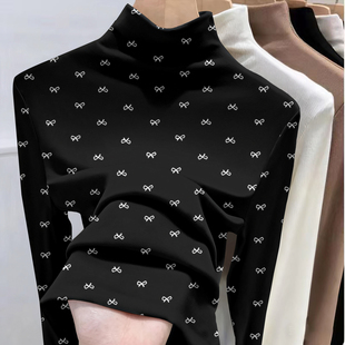 半高领双面德绒长袖女t恤秋冬季修身时尚保暖加厚打底衫印花上衣