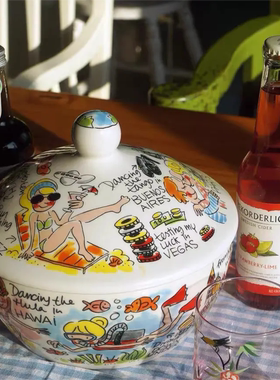 BLOND陶瓷餐具出口双耳汤盆锅面碗盖碗卡通彩绘釉下彩汤碗家用