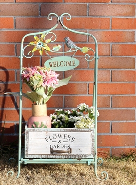 复古铁艺作旧置物架蓝色小鸟花朵多肉花架家居橱窗装饰储物展示架