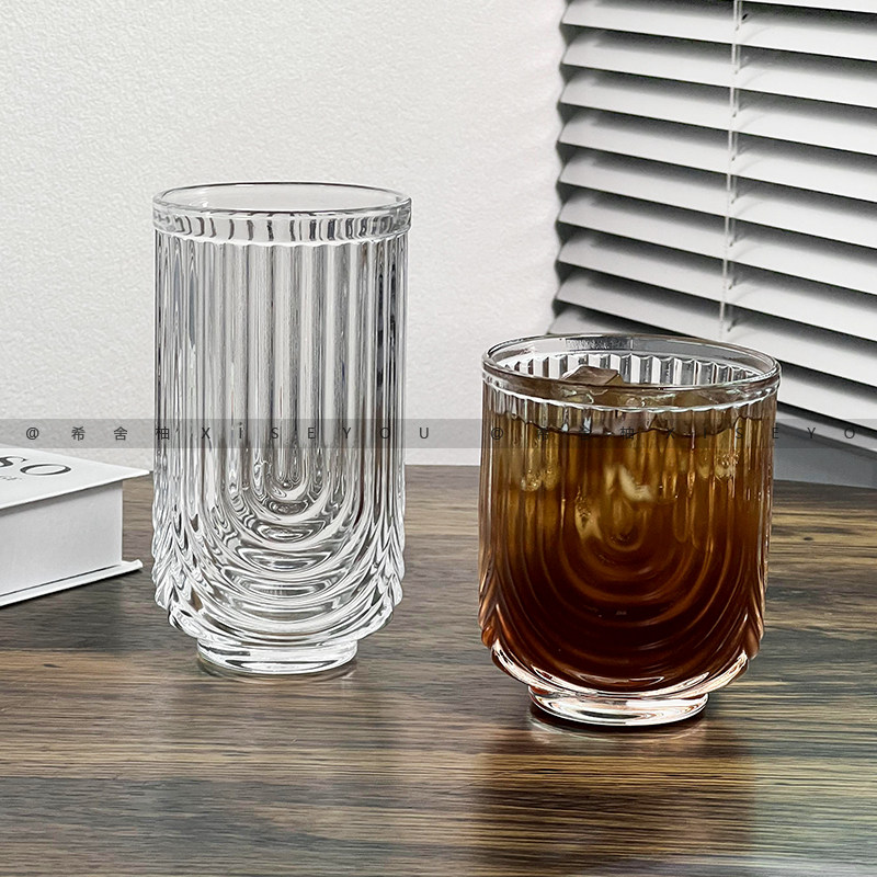 小众条纹U形玻璃杯 ins冰美式拿铁咖啡杯果汁杯饮料杯子水杯商用