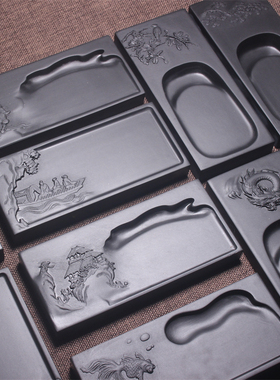 歙砚小楷精品方形砚台山水天然原石精品雕刻镇纸镇尺笔搁壶承摆件