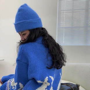 定染蓝色显白帽子女冬防寒保暖毛线帽兔毛针织帽冬天冷帽时尚洋气