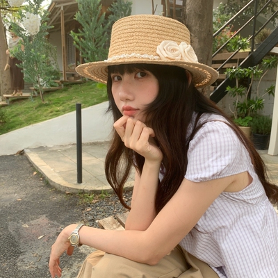 夏季拉菲草花边防晒沙滩帽女款