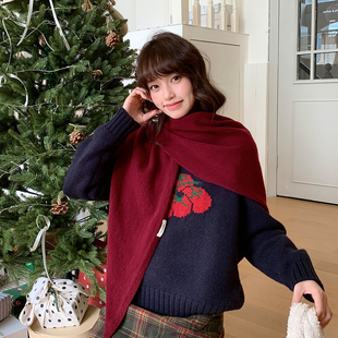 100%纯羊毛三角巾大披肩红色围巾女士冬韩版 百搭披肩女外搭披风