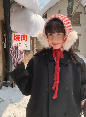 深海冬季红色毛绒球保暖耳套女