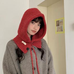 软糯厚实红色巴拉克拉法帽女冬天帽子围脖一体针织毛线帽红色帽子