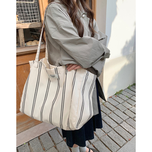 Deepsea深海 日韩风条纹帆布包女大容量单肩托特包简约百搭通勤包