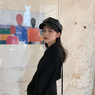 八角帽韩版 pu皮质报童帽时尚 鸭舌帽画家贝雷帽 秋冬好搭配 英伦范