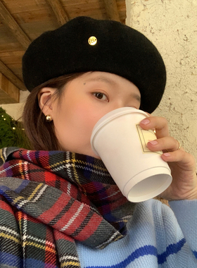 金属B标手工贝雷帽秋冬帽子画家帽韩系ins博主同款羊毛画家帽潮