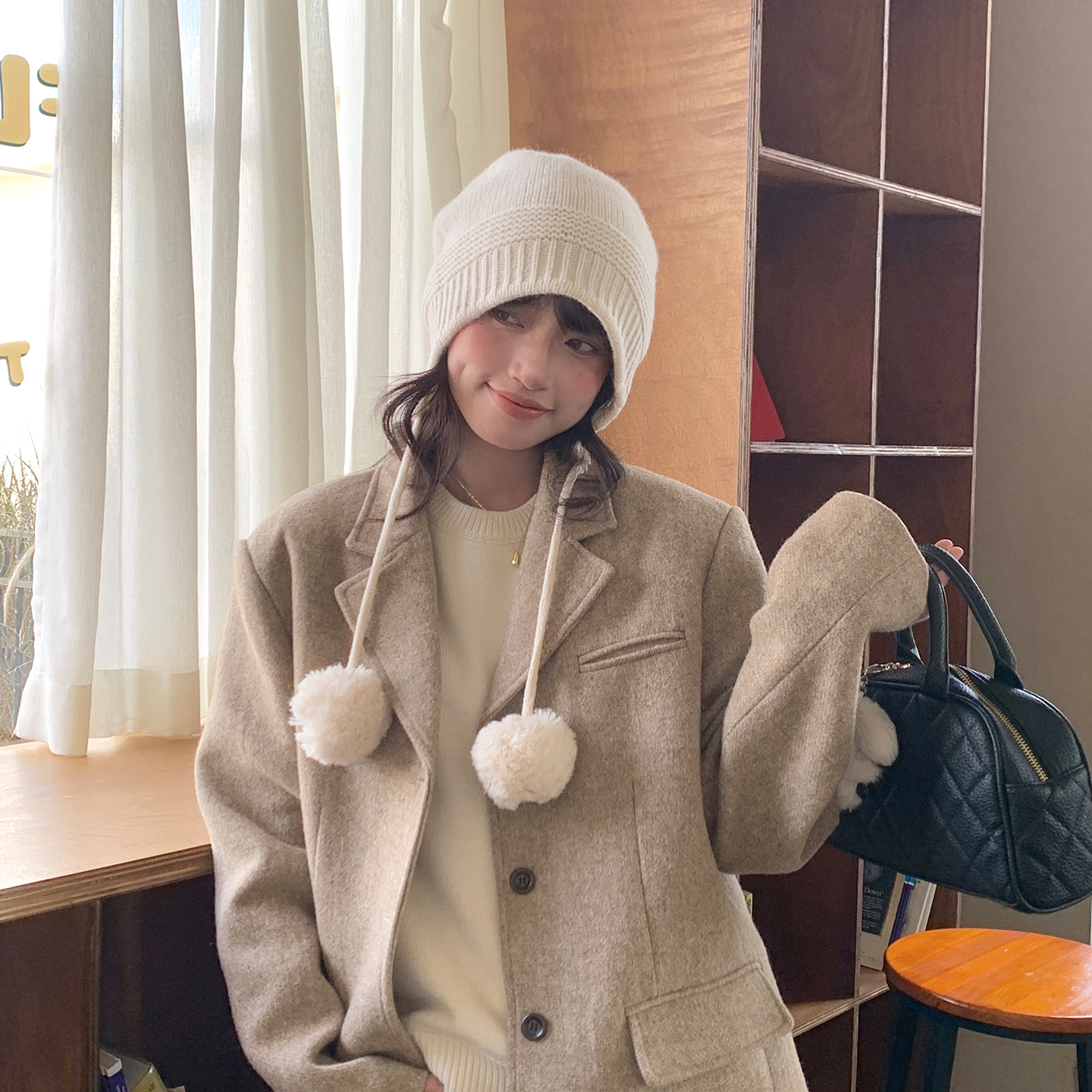 Deepsea深海 miu系纯羊毛毛球针织帽女冬保暖毛线帽独特漂亮帽子