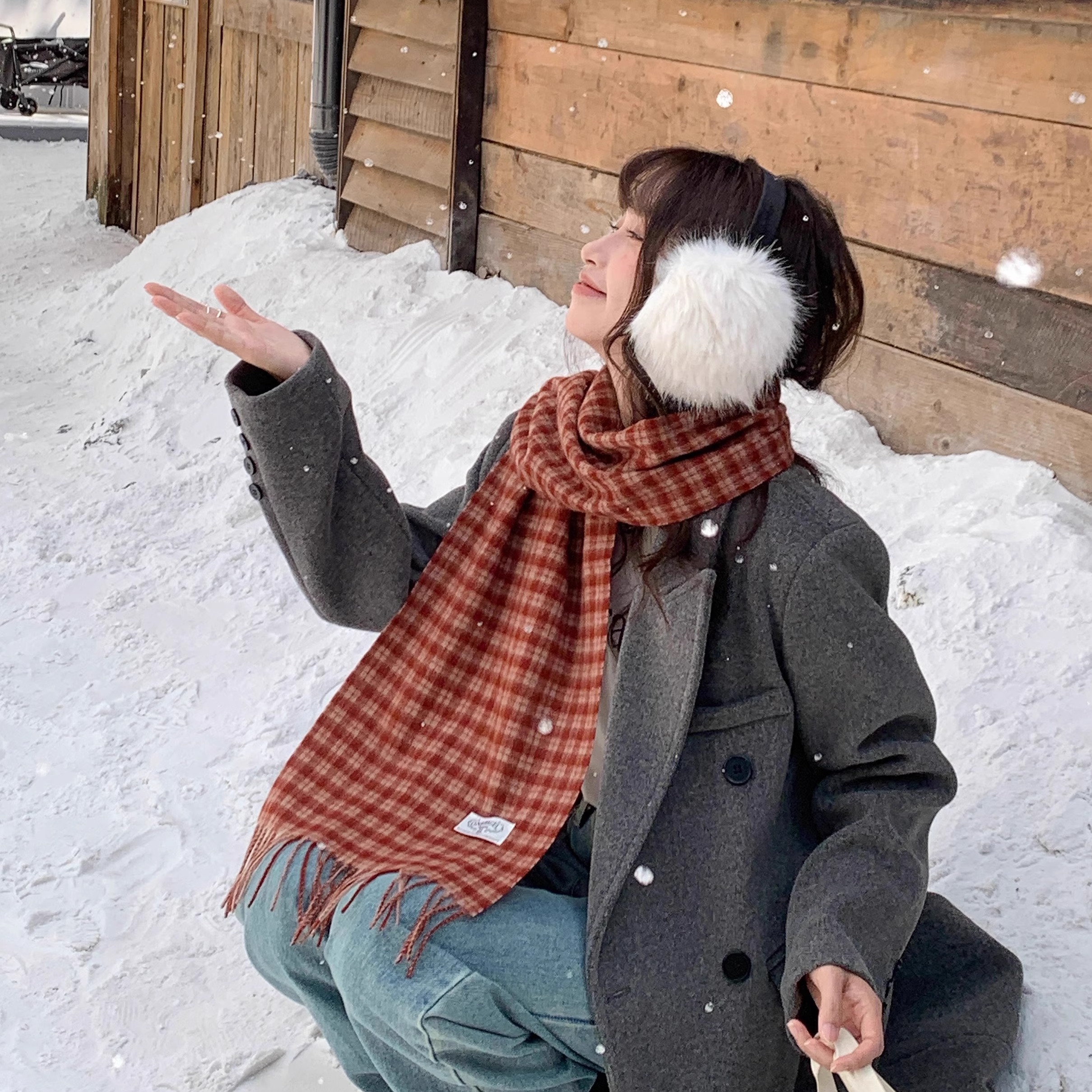 Deepsea深海 韩系100%羊毛格子围巾女百搭保暖流苏披肩氛围感围脖