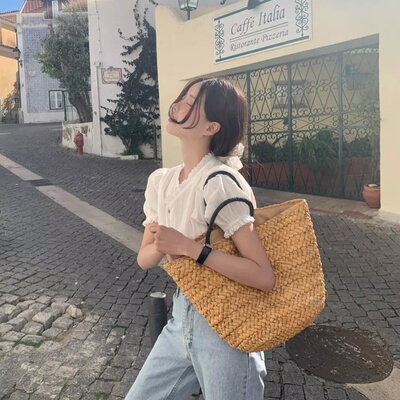 Deepsea深海 复古撞色草编包手工编织托特包度假风大容量手提包女