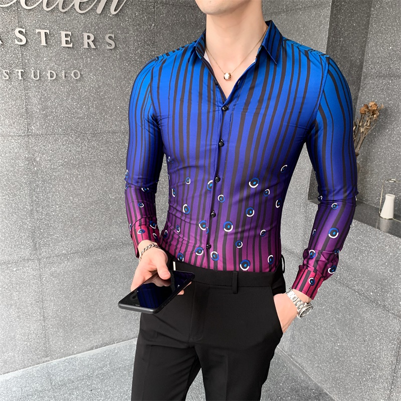Shopkeeper autumn new long sleeve printed shirt men's slim tapered shirt blue