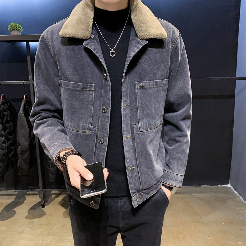 Denim jacket men's short winter lamb wool collar Plush Fleece men's coat