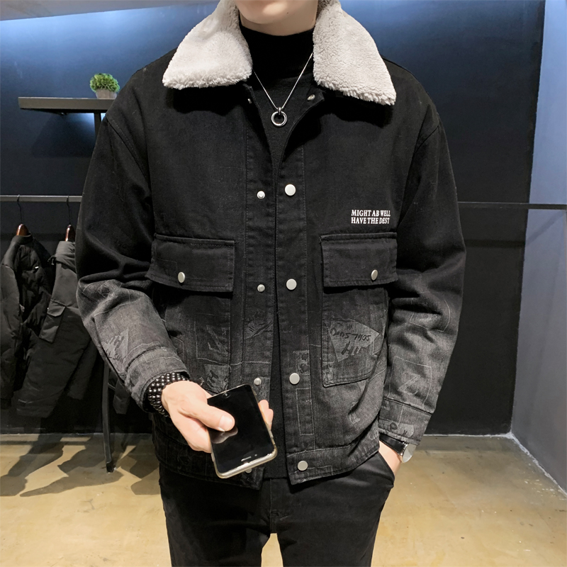 Winter men's denim jacket lamb collar print men's coat with cashmere thickening