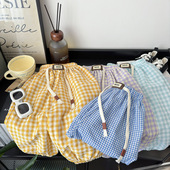 子夏季 宝宝长裤 薄款 女童百搭格子灯笼裤 男童防蚊裤 儿童透气棉布裤