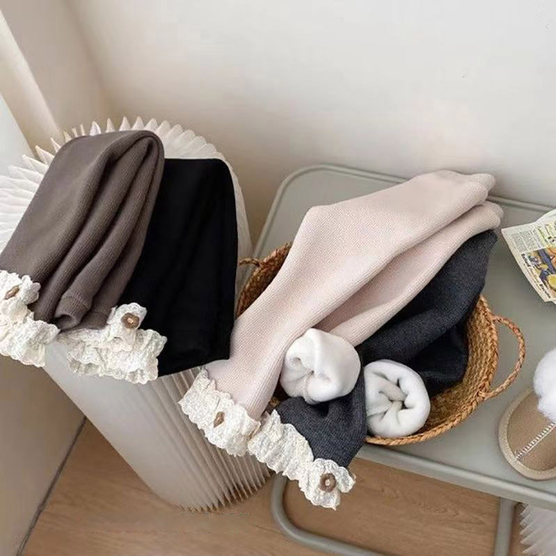 中小童加绒打底裤洋气花边修身