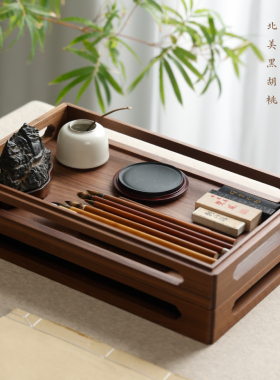 胡桃木框景文承盘托盘收纳榫卯环保无味文房四宝砚台收纳盘收纳盒