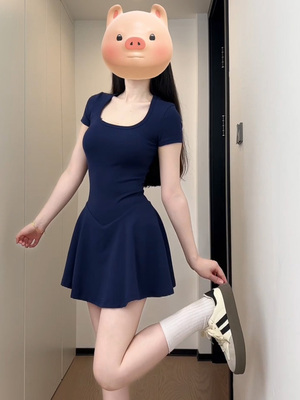 蓝色收腰显瘦U领短裙子夏季辣妹法式高级感甜辣修身显瘦连衣裙ins