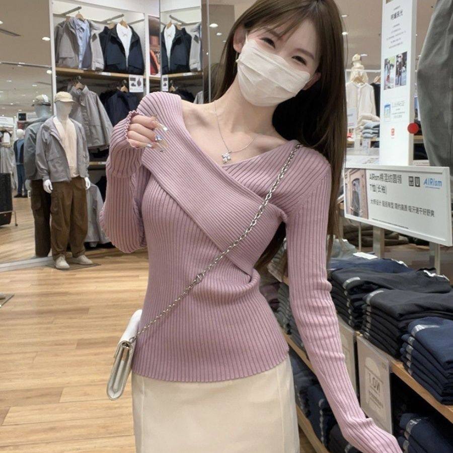 韩系纯色纯欲风不规则交叉长袖针织2026修身百搭上衣打底衫ins潮,女装/女士精品,毛针织衫,淘宝优惠券,粉丝福利购,淘宝优惠卷