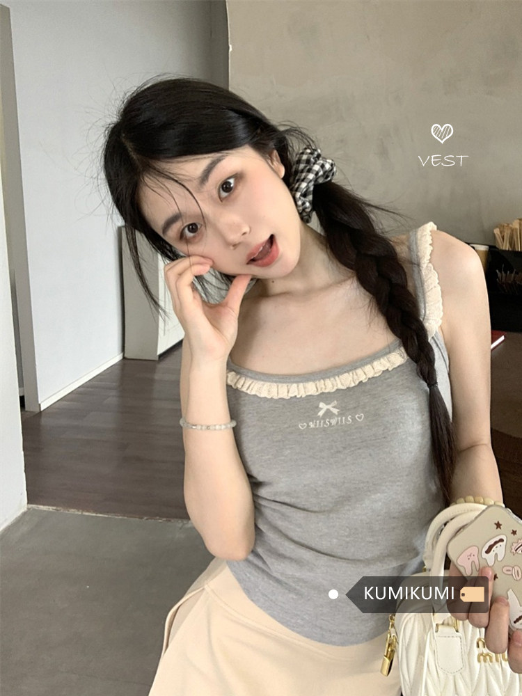 甜美风木耳边拼接小吊带女夏季纯欲抽褶修身短款显瘦花边背心上衣