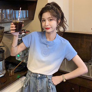韩版渐变色短袖T恤女夏季新款设计感chic辣妹风短款蓝色盐系上衣
