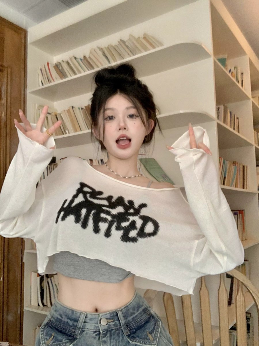 慵懒涂鸦白色长袖T恤女夏季薄款防晒罩衫设计感吊带背心两件套,女装/女士精品,T恤,淘宝优惠券,粉丝福利购,淘宝优惠卷