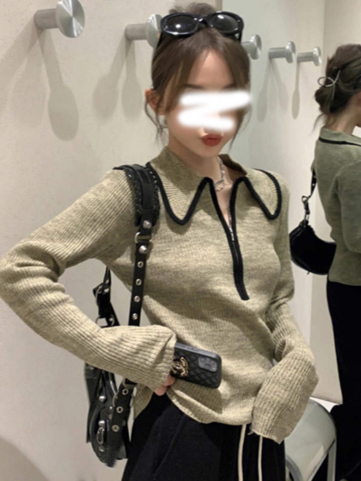 复古翻领半拉链毛衣温柔风气质