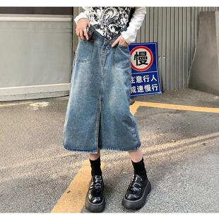 设计口袋牛仔半身裙女网红ins潮小众开叉显瘦a字复古包臀中长裙子