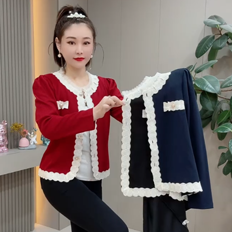 女装2025秋季新款时尚外套百搭显瘦休闲蕾丝拼接打底衫上衣潮开衫