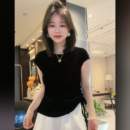 欧货时尚后背镂空短袖丝绒小衫女夏季新款抽绳系带设计感修身上衣