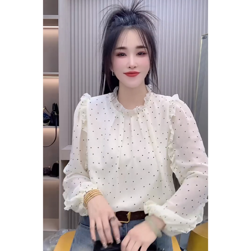 法式高级感木耳边波点衬衫女2025春季新款立领压褶修身显瘦小上衣